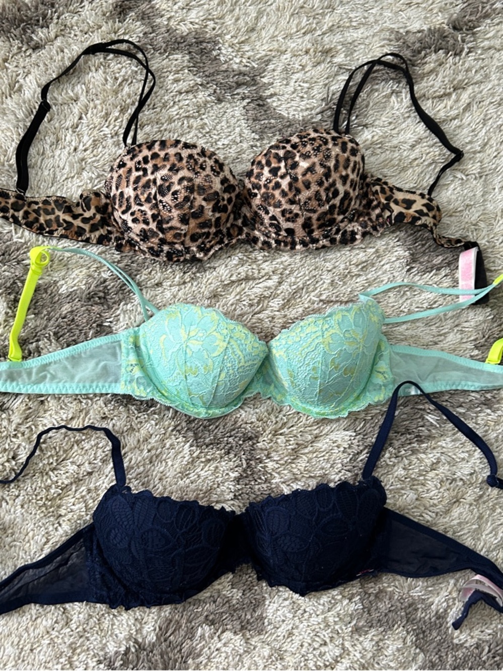 PINK Victoria's Secret Three-Pack Lace & Leopard Bra Set - Leopard, Mint, Navy